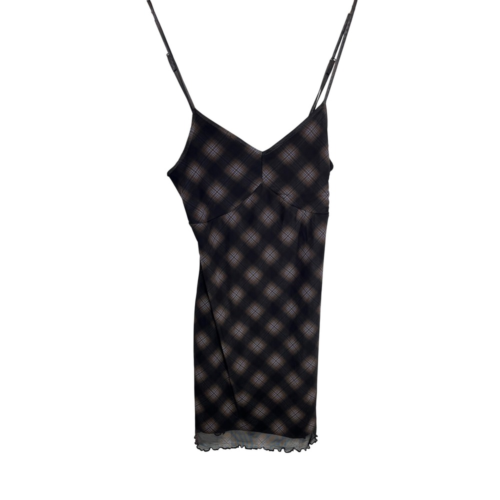 Hollister Y2K Grunge Plaid Mesh‎ Mini Dress Medium Brown Lettuce Hem